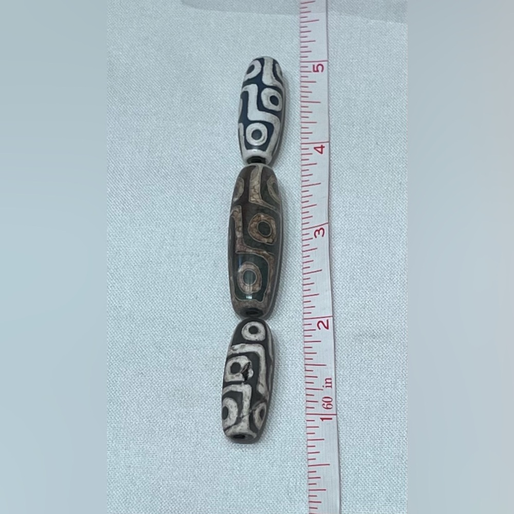 DZI Tibetan Agate Barrel Beads. Greens & Whites. 3pc Set. (about  4”)
